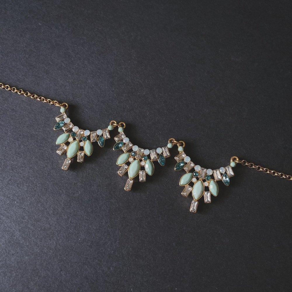Art Deco Blue Rhinestone Gold Statement Necklace - Picture 2 of 9